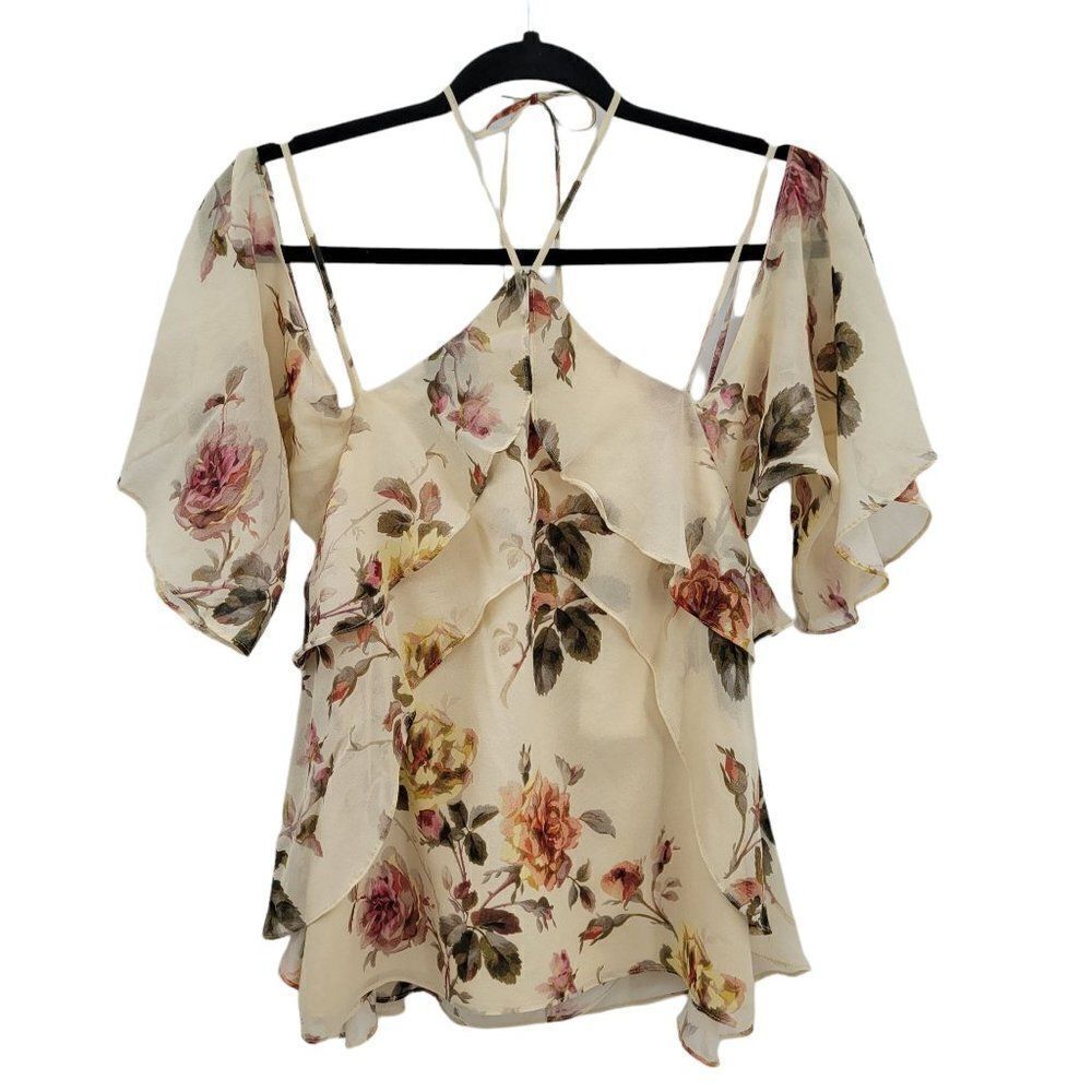 Intermix Silk‎ Top Feminine Country Floral Strappy Boho Cottage Core Cream Sz S